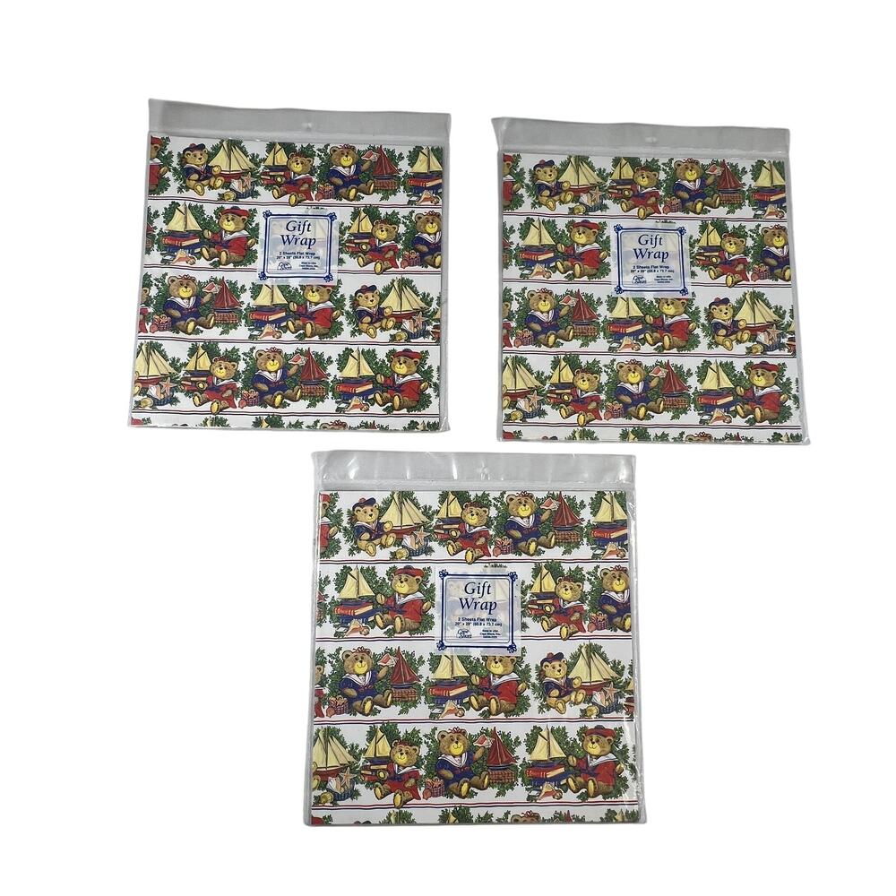 CAPE SHORE Gift Wrap Lot 3 Packs Nautical Teddy Bear 20x29in Flat Sheets NEW USA